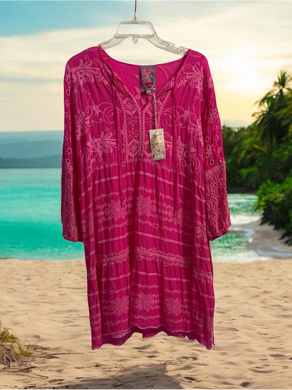 ❌ SOLD Johnny Was Delina Fuchsia Embroidered Eyelet Lace Dress L Large w Slip